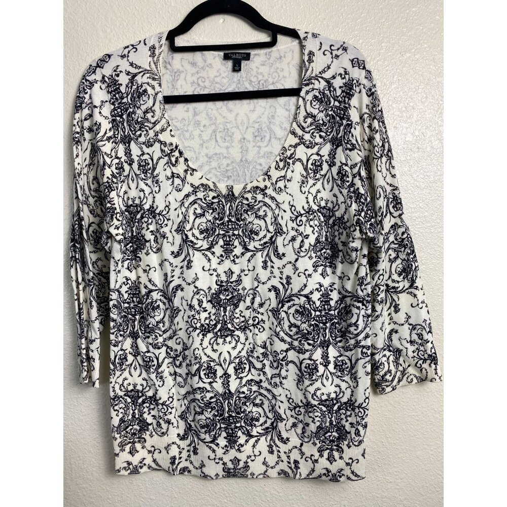 Talbots Womens Floral 3/4 Sleeve Sweater Size Large‎ Boho Knit Black White